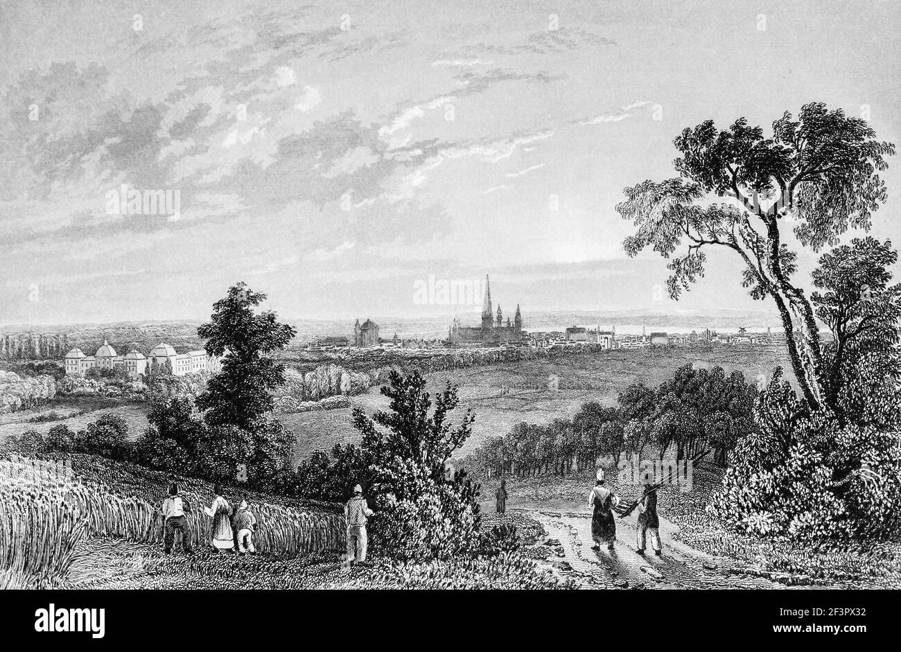 View from a hill on Bonn on the Rhine River, North Rhine-Westphalia, Germany, Steel engraving of 1832View if the town of Bonn, former German capital, Stock Photo