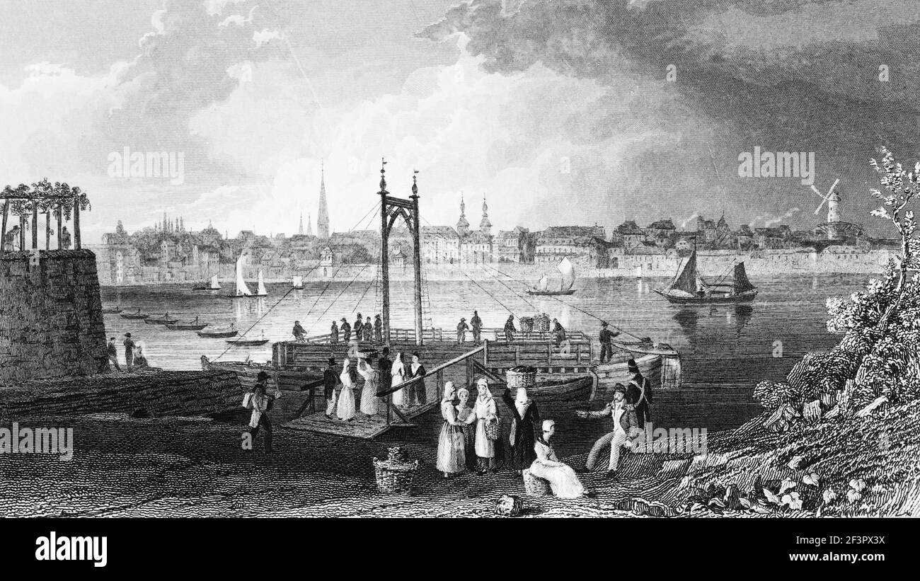 View of Bonn from the opposite river bank of the Rhine River, pier with a ferry boat, North Rhine-Westphalia,  Germany, Steel engraving of 1832 Stock Photo