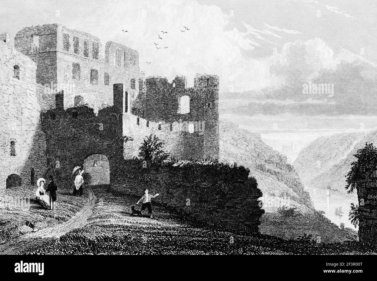 Ruins of castle Rheinfels in St. Goar on the Rhine River, Rhineland-Palatinate, Germany, Steel engraving of 1832 Stock Photo