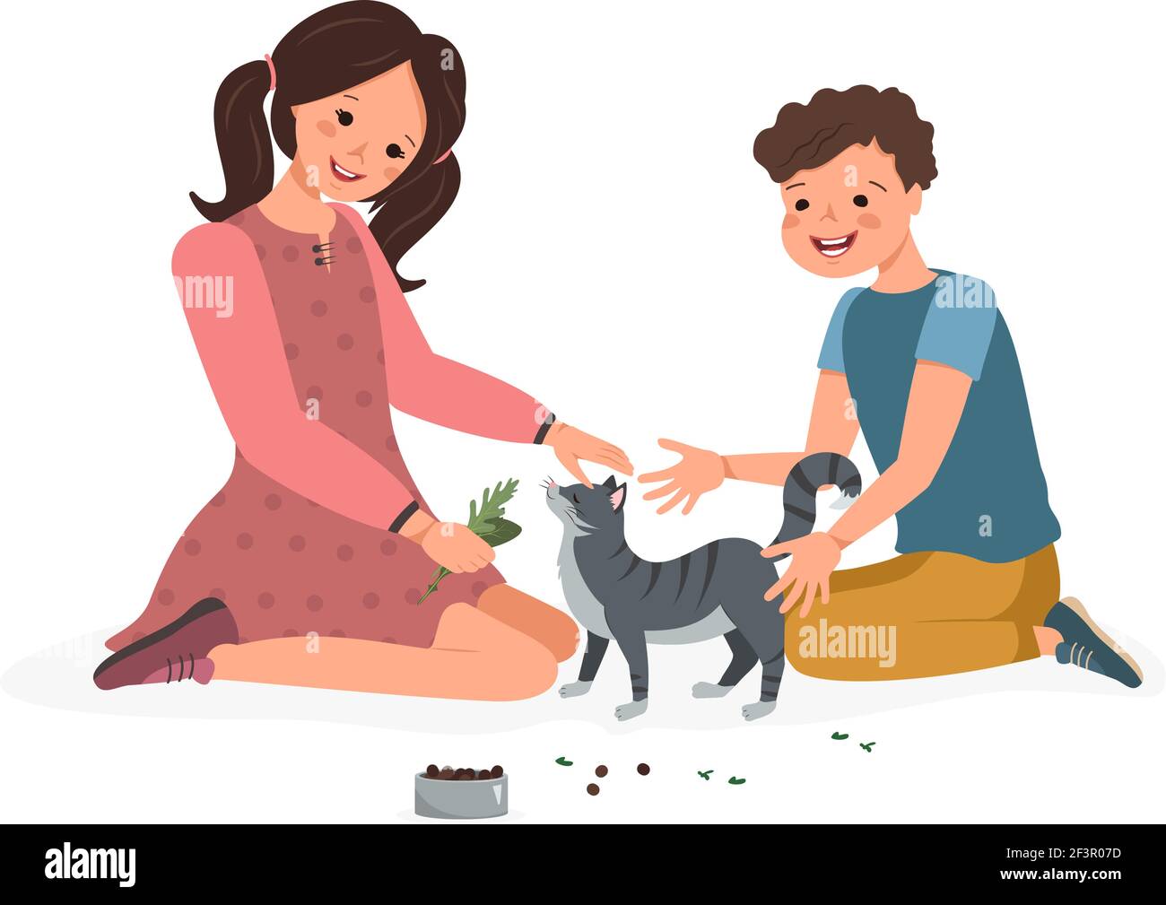 Happy boy and girl feed the leaves to the cat Stock Vector Image & Art ...
