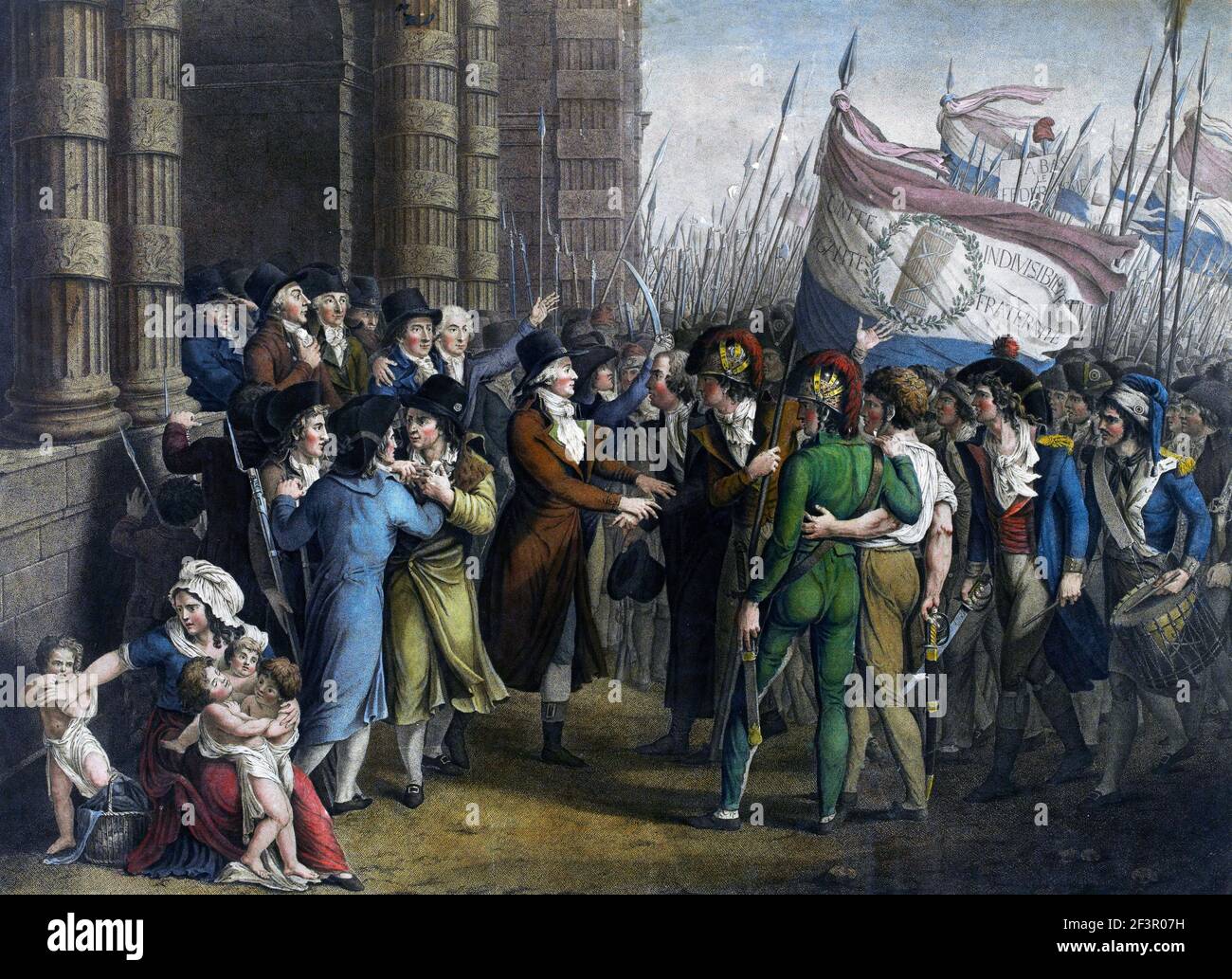 French Revolution. The uprising of the Parisian sans-culottes (common people) from 31 May to 2 June 1793. The scene takes place in front of the Deputies Chamber in the Tuileries. The depiction shows Marie-Jean Hérault de Séchelles and Pierre Victurnien Vergniaud. Engraving by Jean-Joseph-François Tassaert, c. 1800 Stock Photo