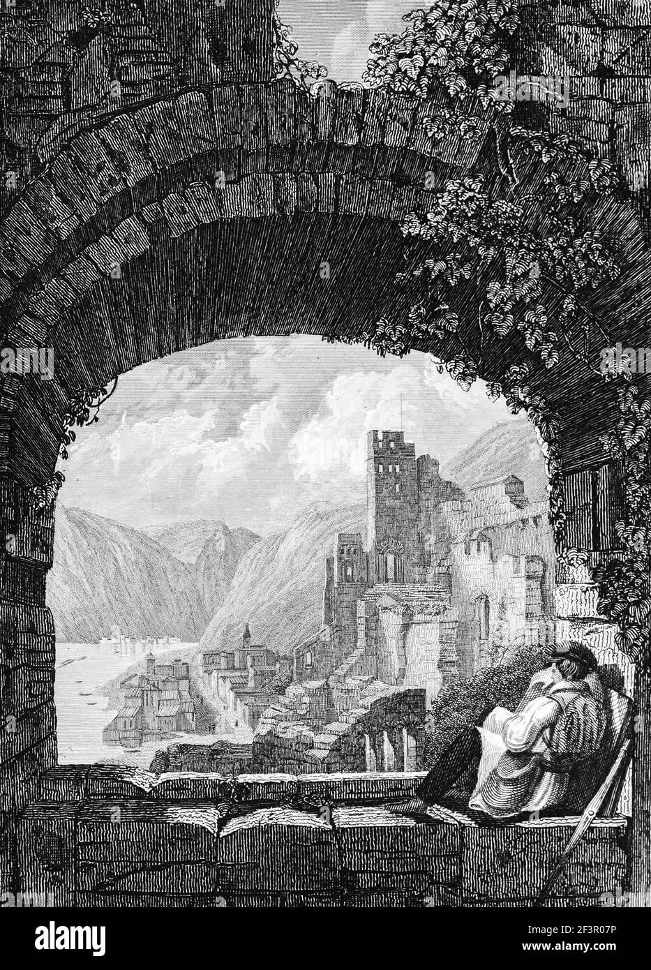 View from the ruins of castle Rheinfels onto the village of St. Goar on the Rhine River, Rhineland-Palatinate, Germany, Steel engraving of 1832 Stock Photo