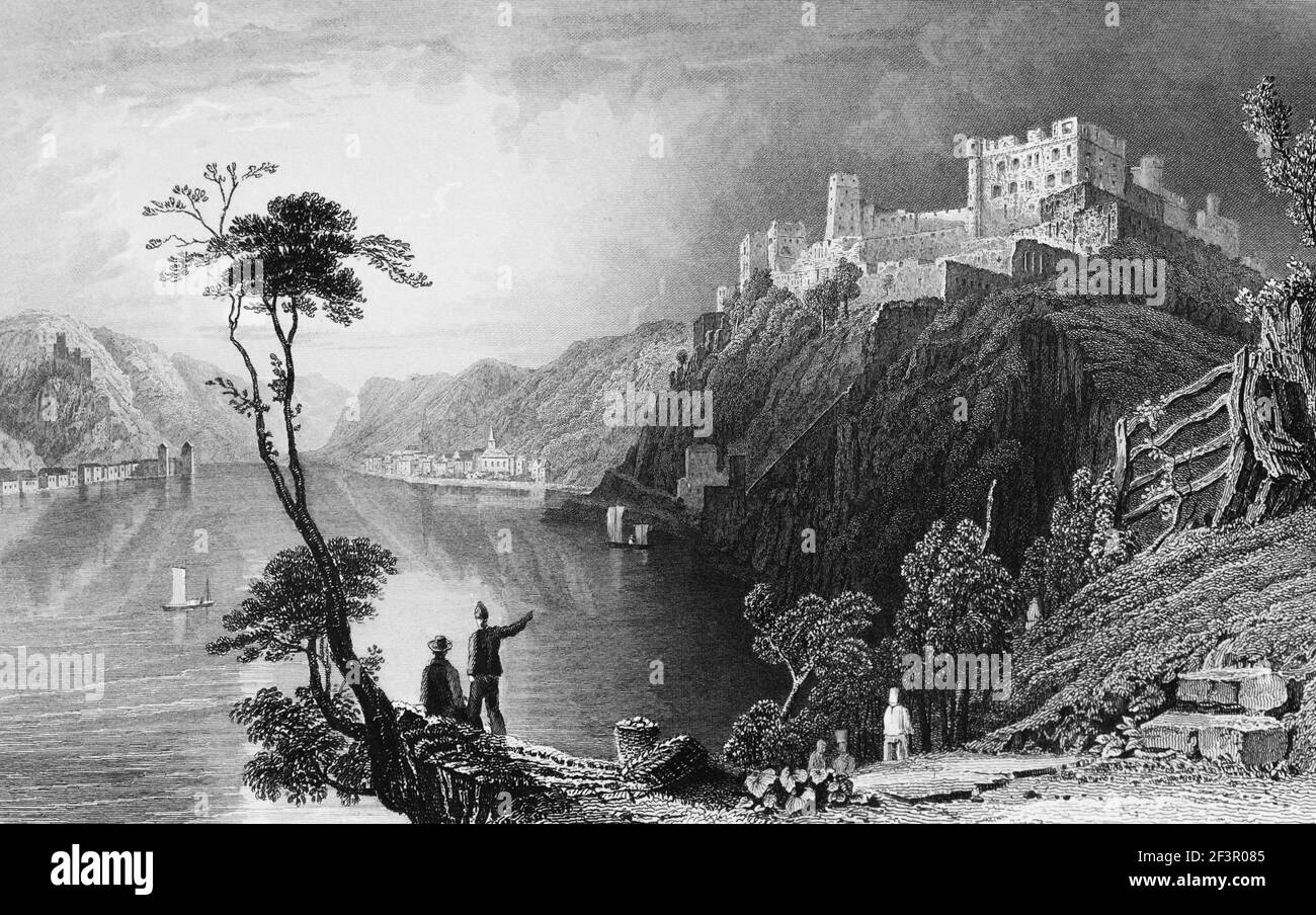 St. Goar and the ruins of castle Rheinfels, Rhine River, Rhineland-Palatinate, Germany, Steel engraving of 1832 Stock Photo