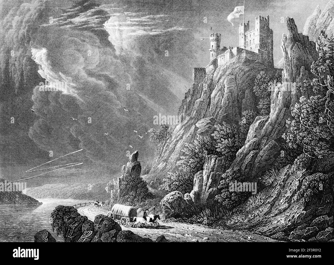 Castle Rheinstein, today a hotel, restaurant and museum, Trechtingshausen on the Rhine River, Rhineland-Palatinate, Germany, Steel engraving of 1832 Stock Photo
