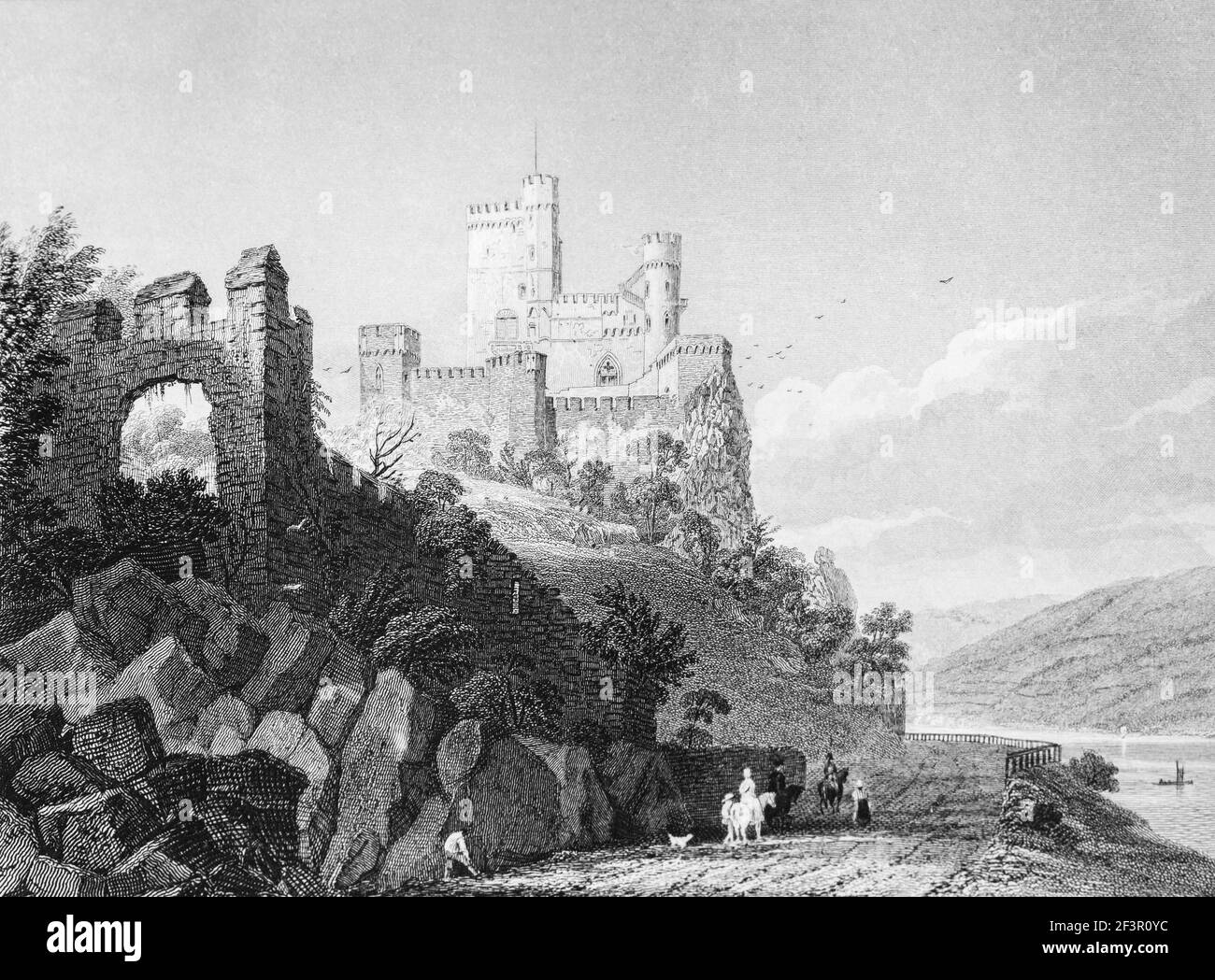 Castle of Rheinstein on a hill top, Rhine River, Rhineland-Palatinate, Germany, Steel engraving of 1832 Stock Photo