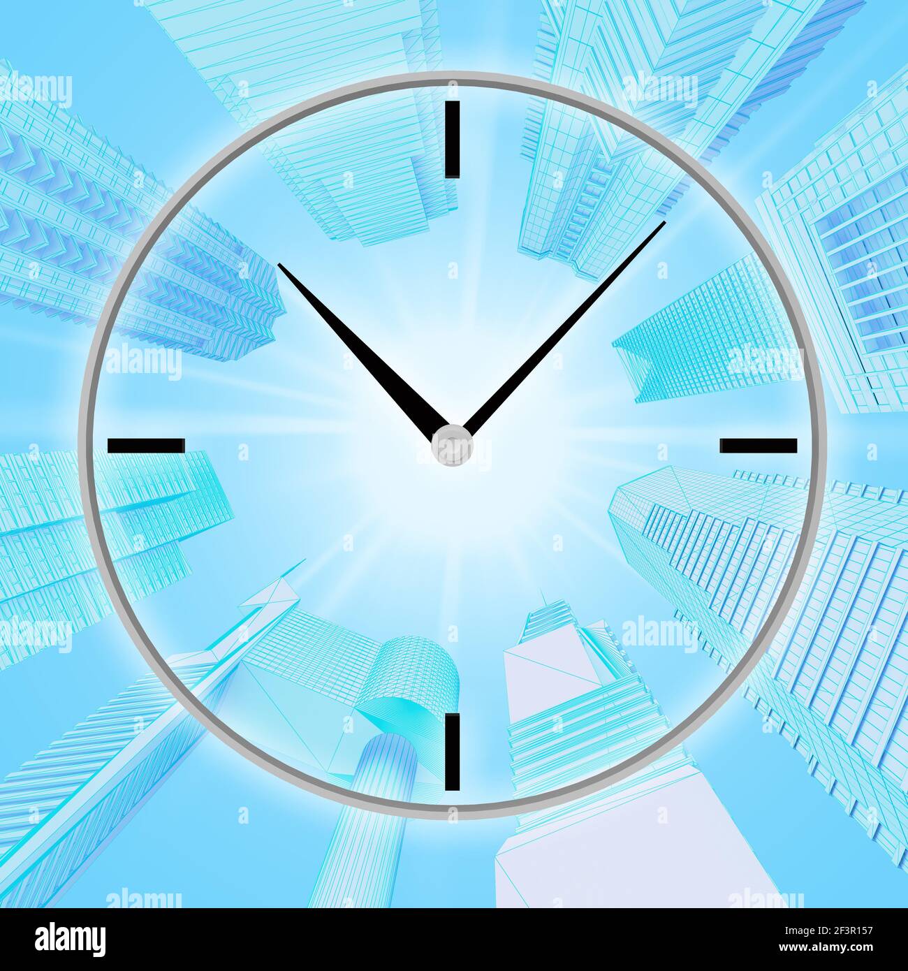 bottom view of the sun surrounded by skyscrapers in blue tone with clock face. 3d rendering Stock Photo