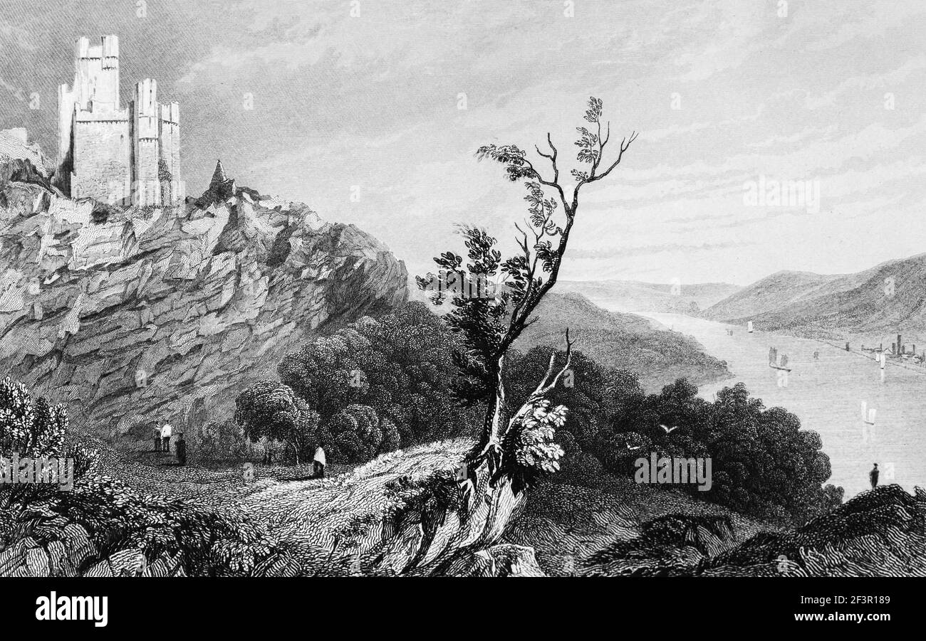 Ruins of Castle Sooneck in Niederheimbach on the , Rhine River, Rhineland-Palatinate, Germany, Steel engraving of 1832 Stock Photo