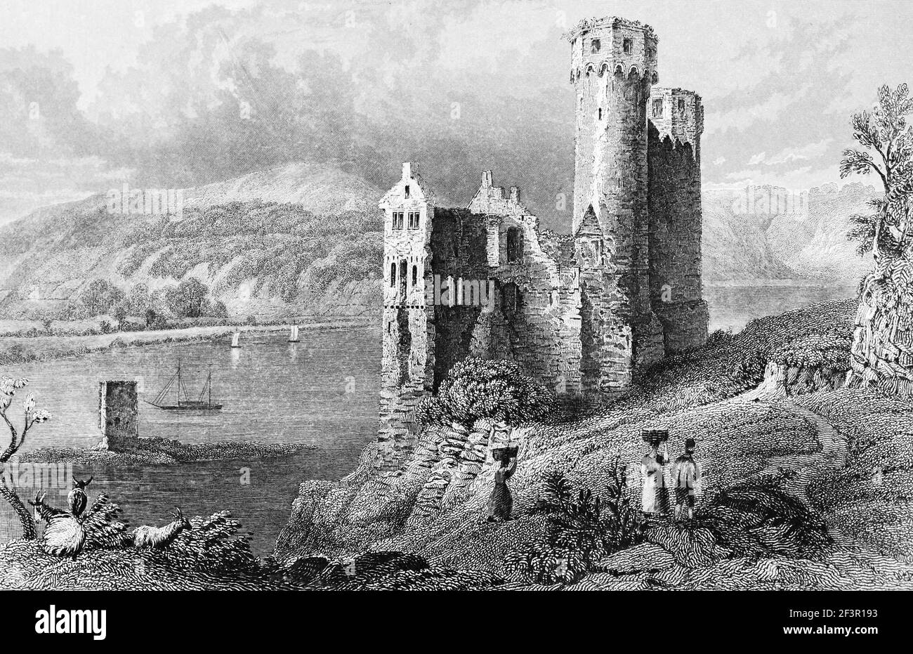 Ruins of Castle Ehrenfels in Rüdesheim on the Rhine River, Hesse, Germany, Steel engraving of 1832 Stock Photo