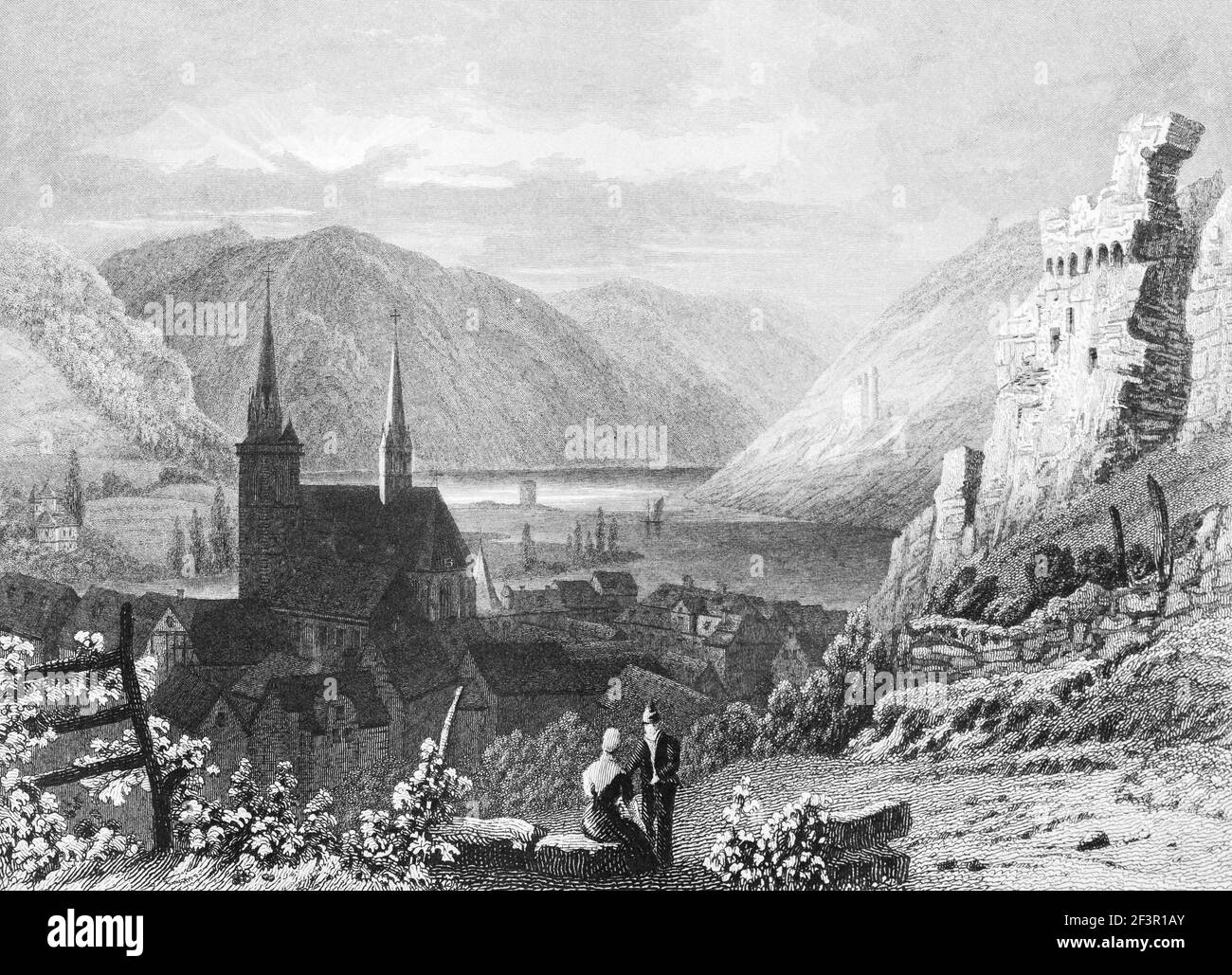 View of Bingen town from the surrounding hills, Rhine River, Rhineland-Palatinate, Germany, Steel engraving of 1832 Stock Photo