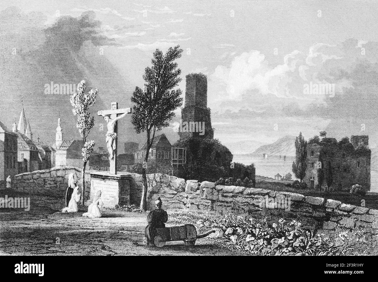 View of Rüdesheim on the pious women praying in front of a crucification monument, Rhine River, Hesse, Germany, Steel engraving of 1832 Stock Photo