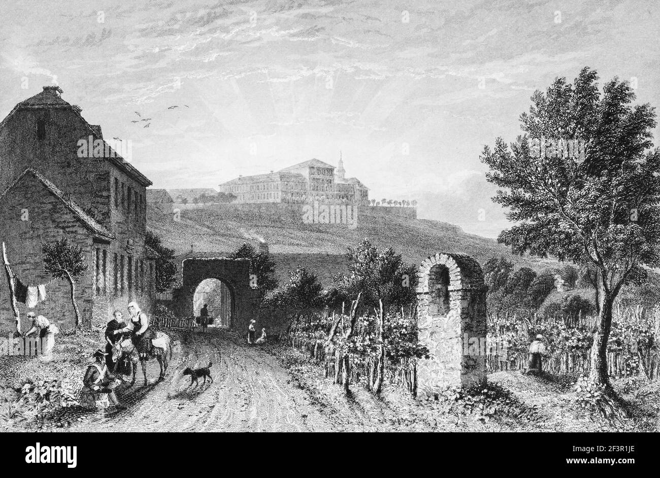 Palace Johannisberg in Geisenheim on the Rhine River, Hesse, Germany, Steel engraving of 1832 Stock Photo