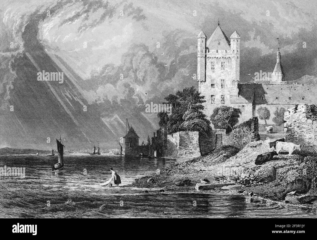 The Elector´s castle in Eltville on the Rhine River, woman doing the washing in the river,  Hesse, Germany, Steel engraving of 1832 Stock Photo