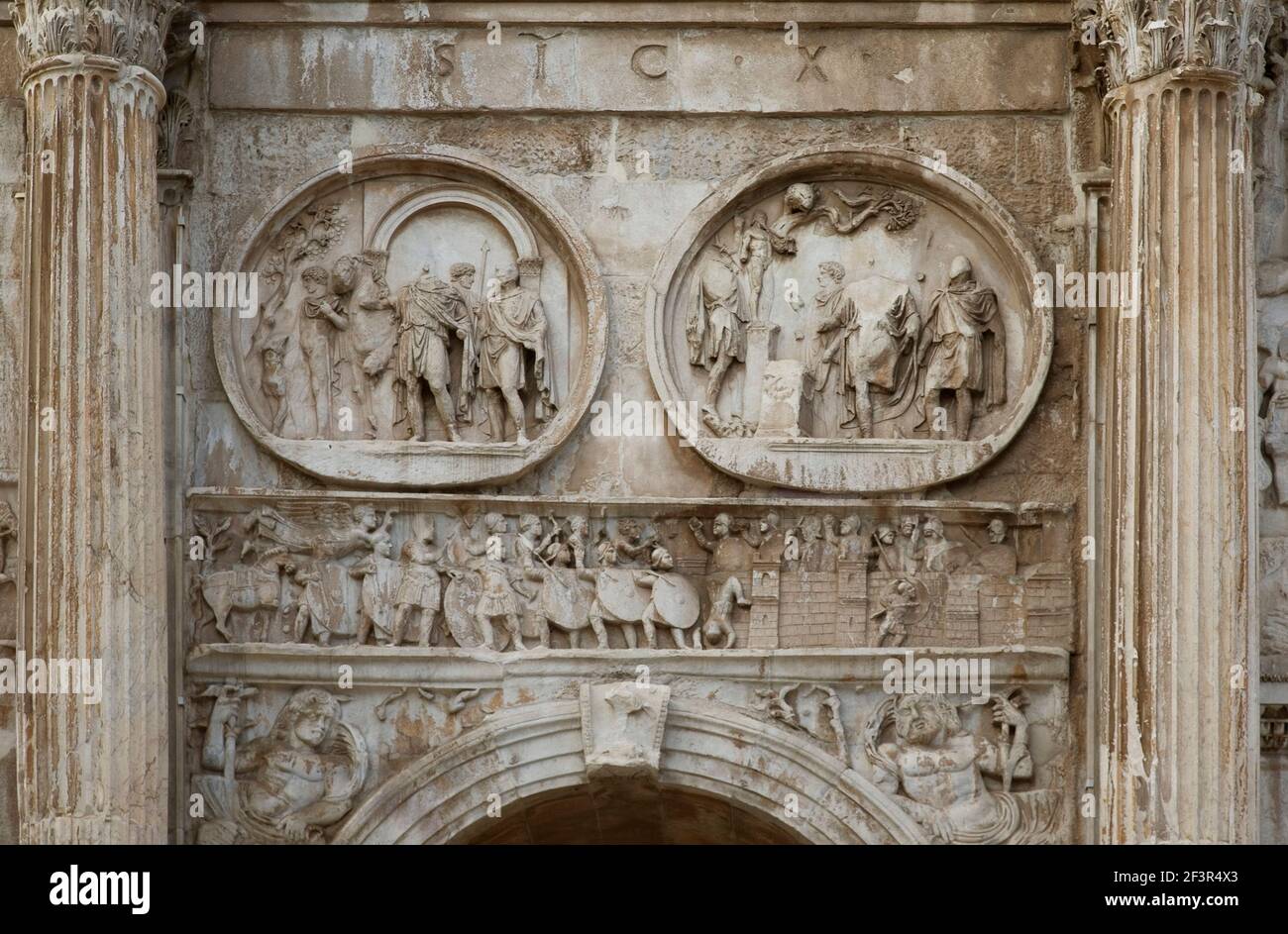 Detail from the triumphal Arch of Constantine, with spolia, reused reliefs from earlier monuments, from the Forum, Rome, Italy Stock Photo