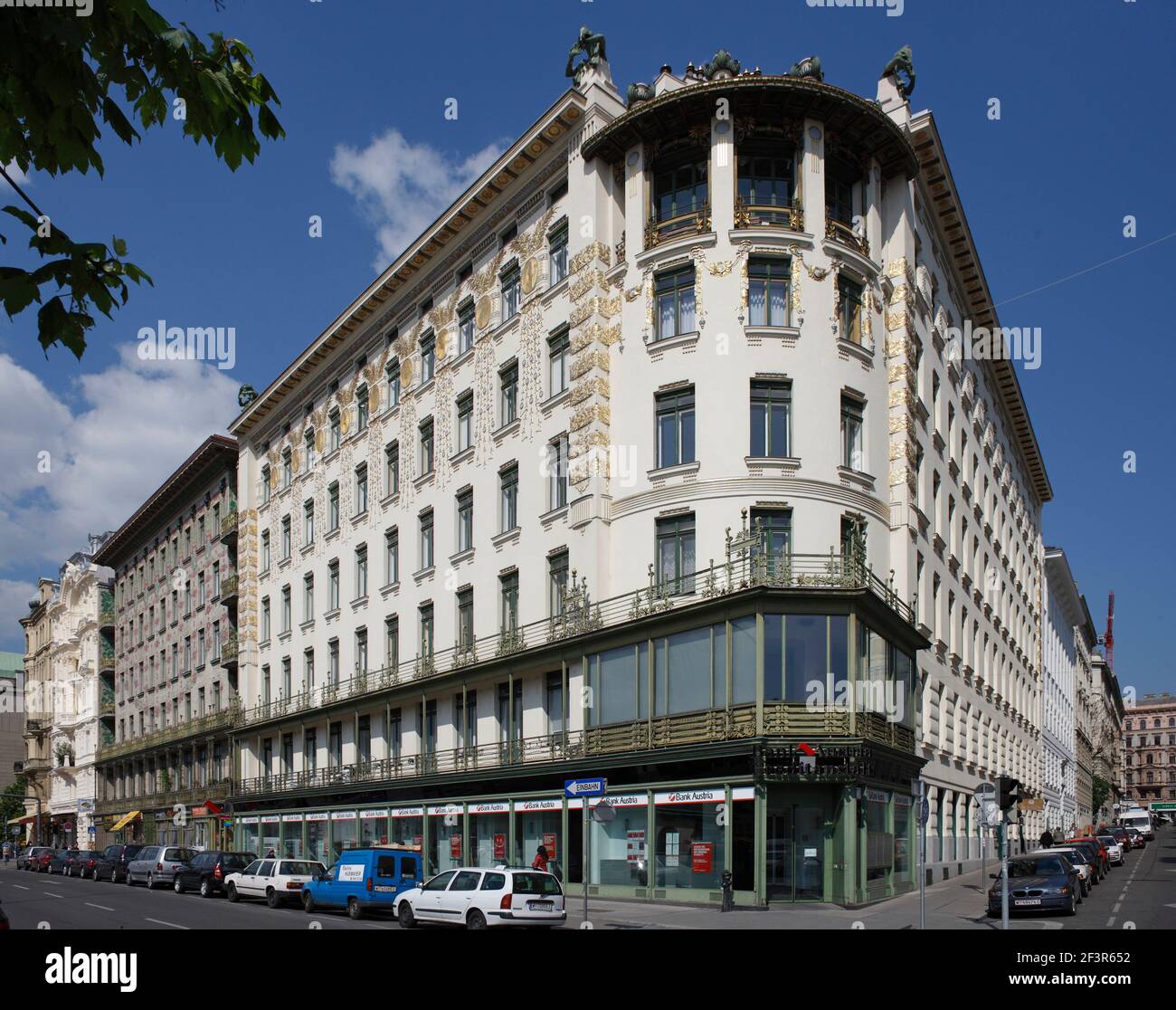 Southeast corner facade of art nouveau apartment house, Otto Wagner, 1898-99, Vienna, Austria Stock Photo