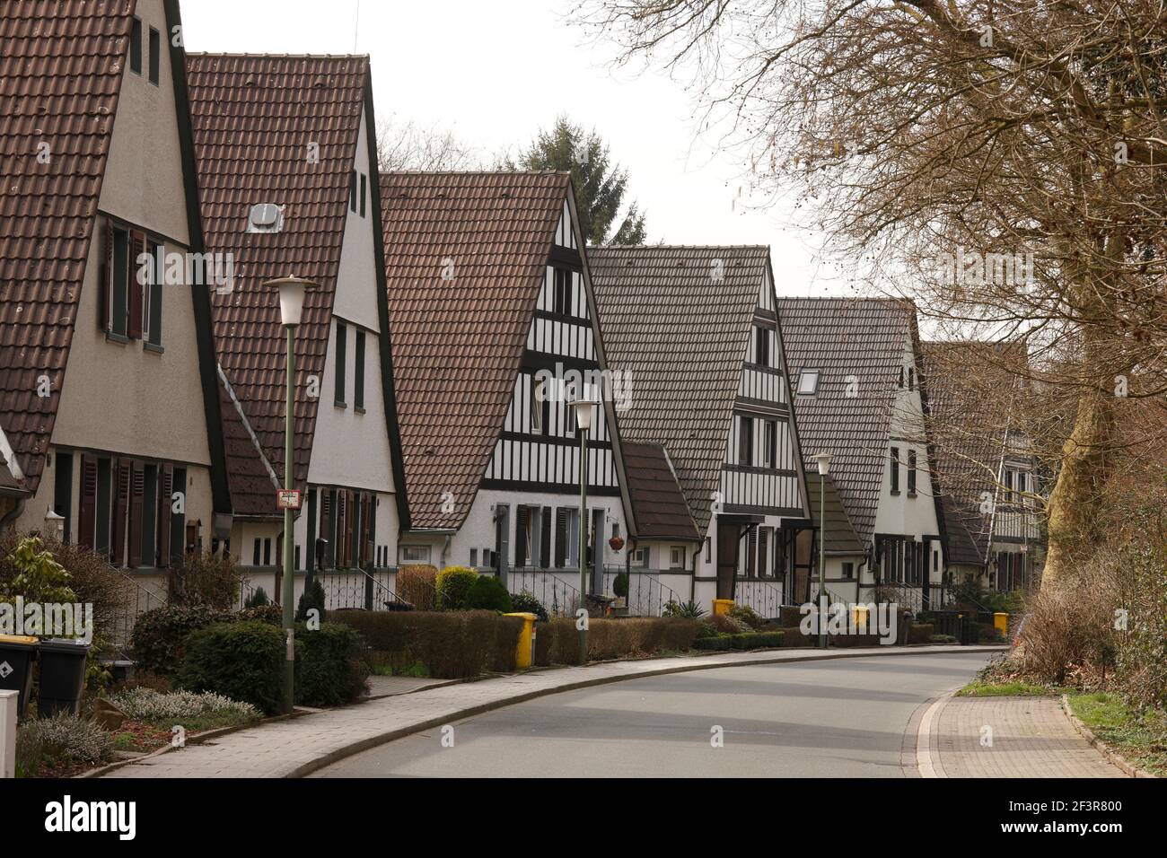 A street in Dahlhauser Heide, a workers' housing estate in Bochum, Germany. It was established by the enterprise Krupp AG in the years 1906 to 1915 an Stock Photo