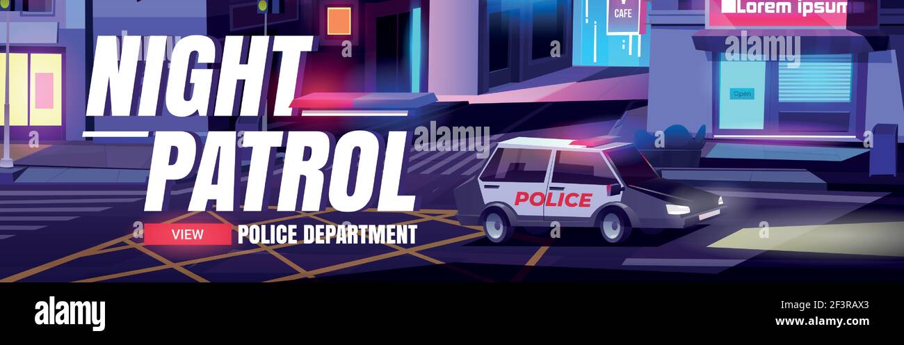 Night patrol cartoon web banner with police car Stock Vector