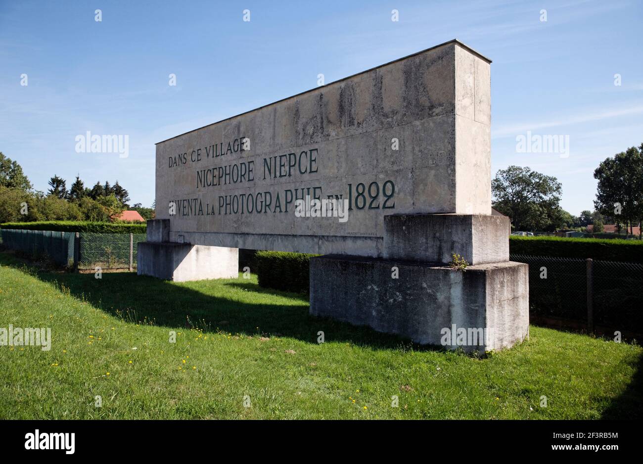 Monument to Joseph Nicephore Niepce, inventor of photography, where first photograph taken in 1826 using helio discography, Saint-Loup-de-Varennes, Ch Stock Photo