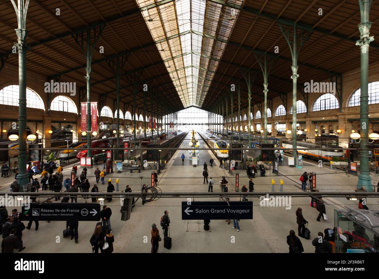 Hall of 19th century Gare du Nord (north station), which now houses Eurostar, Paris. Designed by French architect Jacques Hittorff and built between 1 Stock Photo