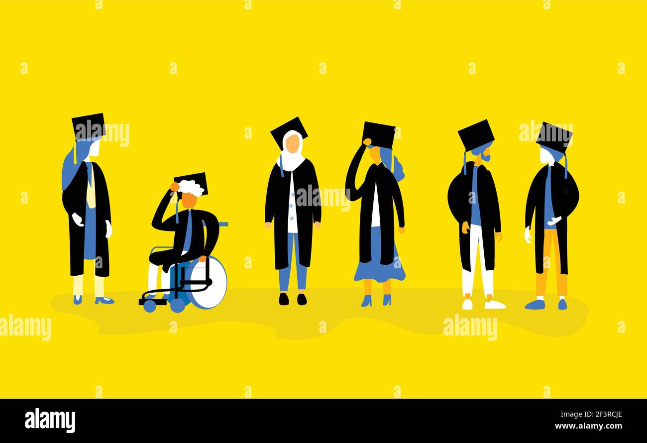 Group of graduated students standing together in the graduation ceremony where inclusion and diversity can be seen. Stock Vector
