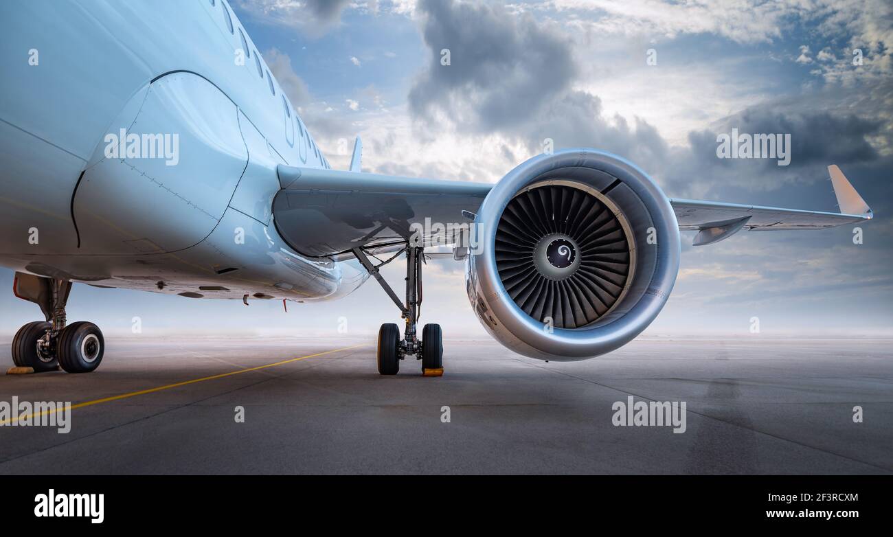 turbine of an modern airliner against a dramatic sky Stock Photo