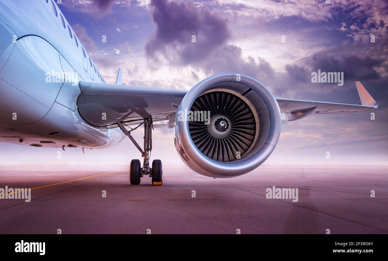 turbine of an modern airliner against a dramatic sky Stock Photo