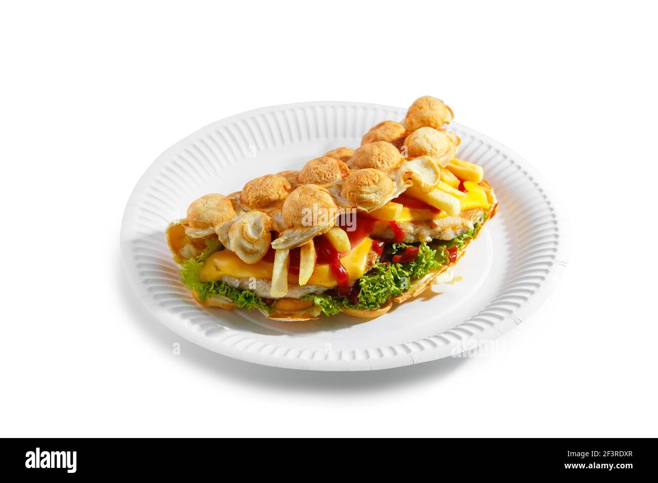 Hong Kong bubble waffles. Bubble waffle with fried chicken, fries