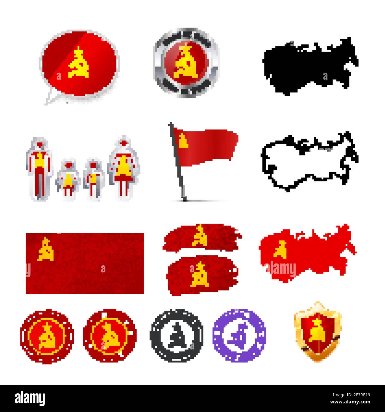 Large set of USSR infographics elements with flags, maps and badges isolated on white Stock Vector