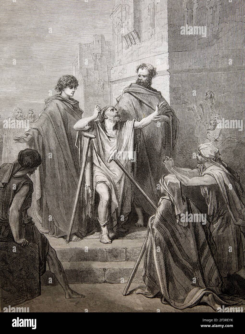 Bible Stories - Illustration of Saint Peter and Saint John at the Beautiful Gate Healing the Crippled Man from the New Testament Acts 3: 6-7 Stock Photo