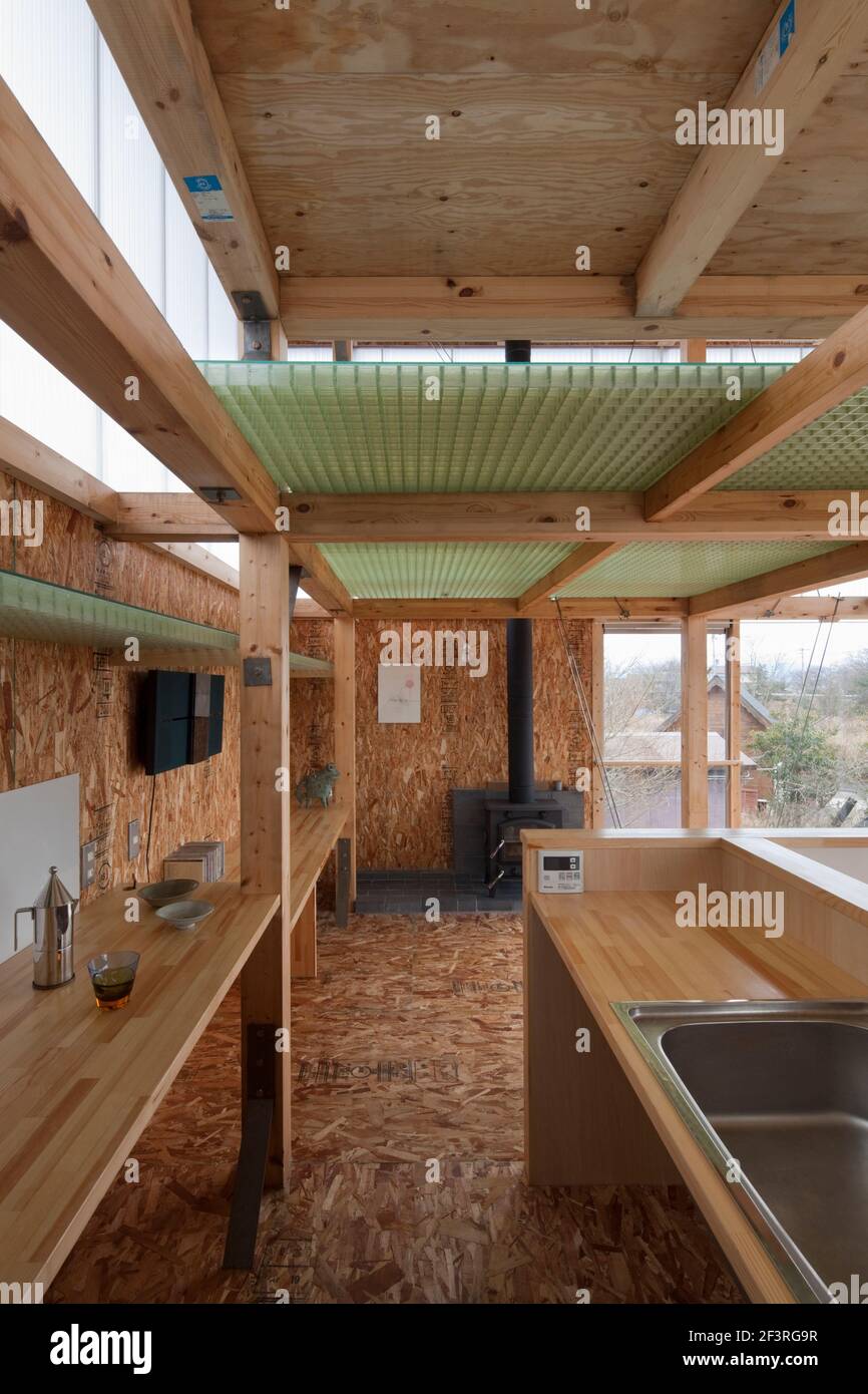 HAN-KYO, Weekend Cabin, Interior of the kitchen on the 2nd floor Stock Photo