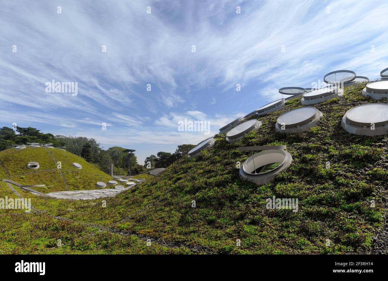 California Academy of Sciences. Exterior grass domes with circular skylights for natural lighting Stock Photo