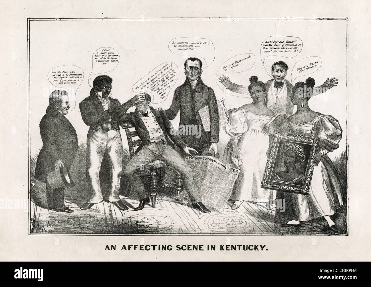 An affecting scene in Kentucky - A racist attack on Democratic vice-presidential candidate Richard M. Johnson. The Kentucky Congressman's nomination, in May 1835, as Van Buren's running-mate for the 1836 election raised eyebrows even among party faithful, because of Johnson's common-law marriage to a mulatto woman, Julia Chinn, by whom he fathered two daughters. The artist ridicules Johnson's domestic situation, and the Democrats' constituency as well. Seated in a chair with his hand over his face, a visibly distraught Johnson lets a copy of James Watson Webb's 'New York Courier and Enquirer' Stock Photo