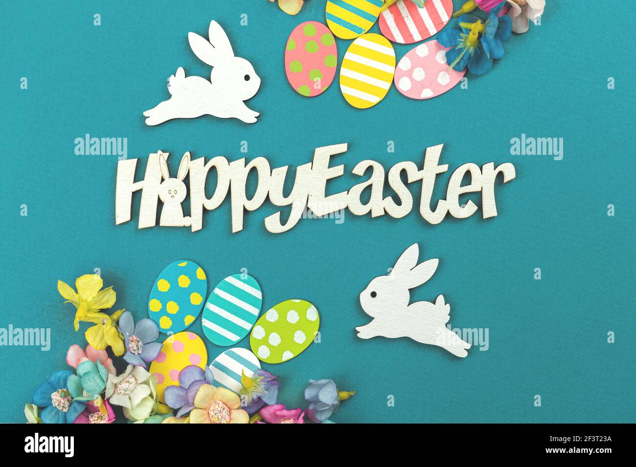 Easter background with easter eggs, postcard with holiday decorations Stock Photo