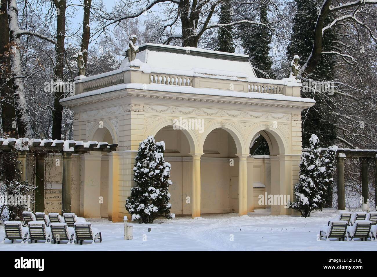 Snow-covered Music pavilion in the Municipal Park in Pankow in the north of Berlin Stock Photo