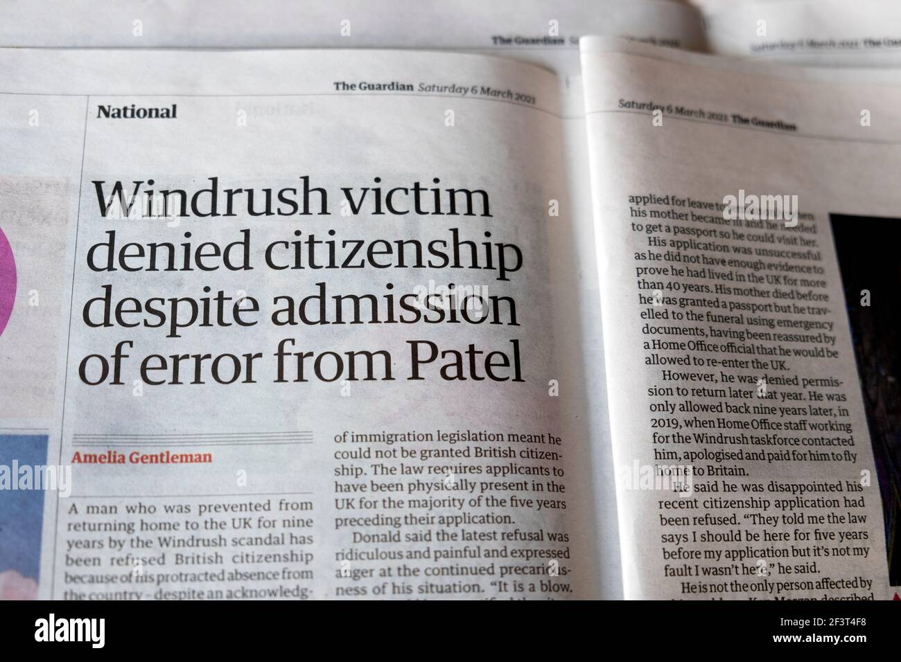 'Windrush victim denied citizenship despite admission of error from Patel' Guardian newspaper headline Pritti Patel article 2021 London England UK Stock Photo