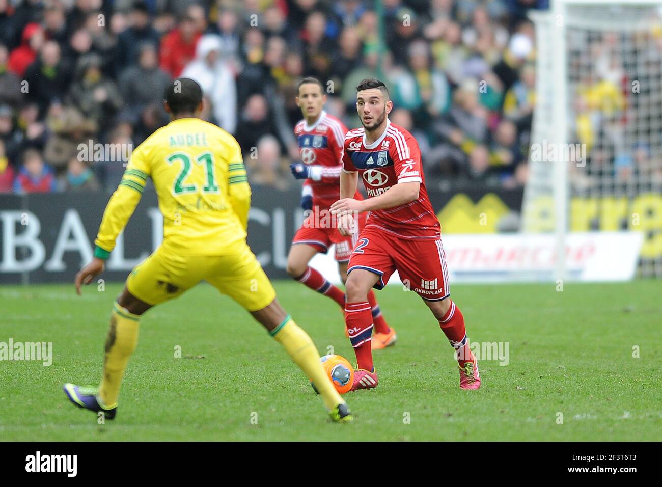 Jordan FERRI of Lyon against Johan AUDEL of Nantes during the French  Championship L1 2013/2014 football match between FC Nantes and Olympique  Lyonnais on February 9, 2014 at La Beaujoire stadium in