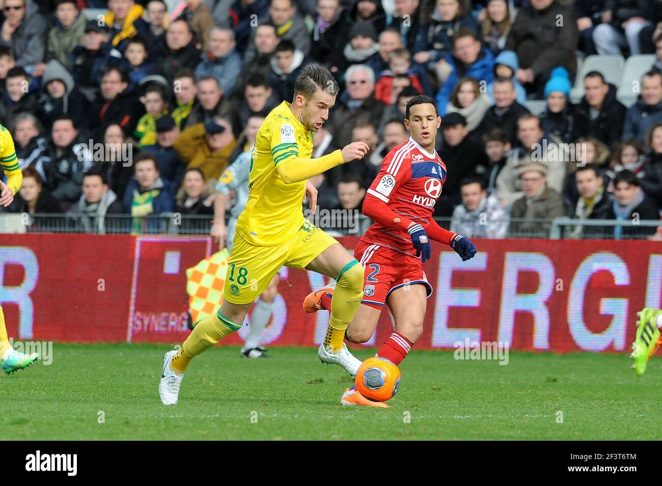 Lucas DEAUX of Nantes against Mehdi ZEFFANE of Lyon during the French  Championship L1 2013/2014 football match between FC Nantes and Olympique  Lyonnais on February 9, 2014 at La Beaujoire stadium in