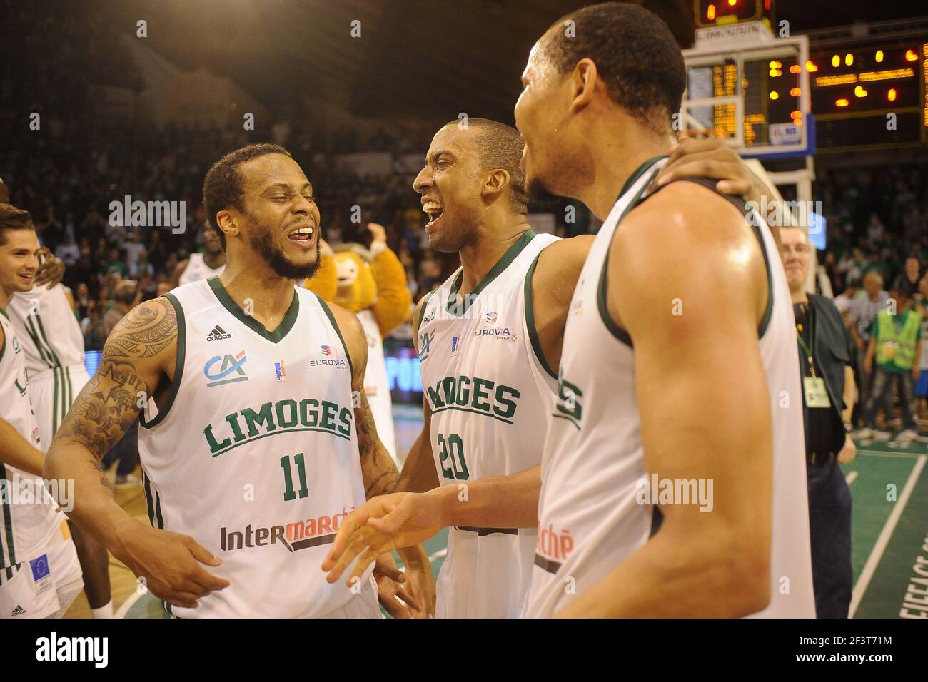 Taurean GREEN, JR REYNOLDS and Alex ACKER celebrate the victory during the  Leg 3 of the French ProA basketball playoffs final match Limoges vs  Strasbourg, on June 5th, 2014 at Palais des