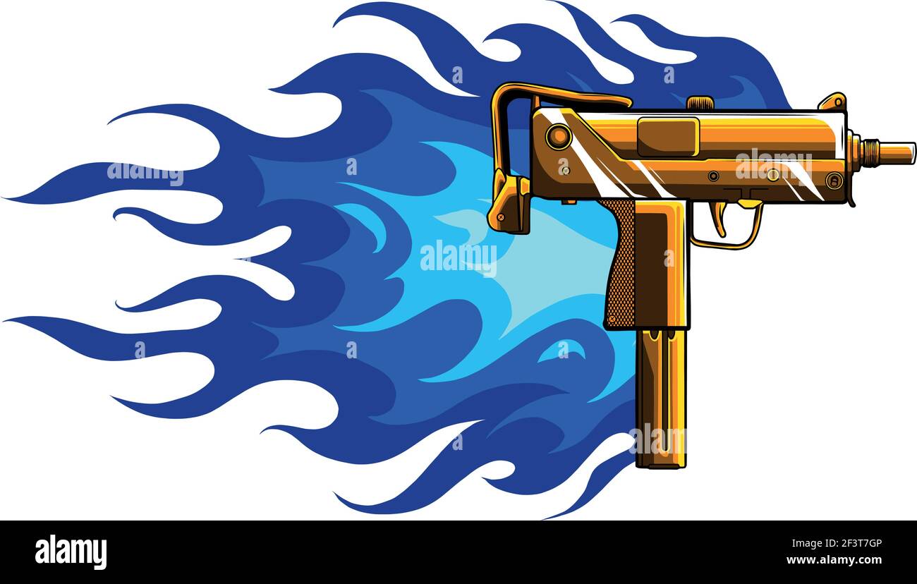 Vector illustration of a gold uzi gun with flames Stock Vector