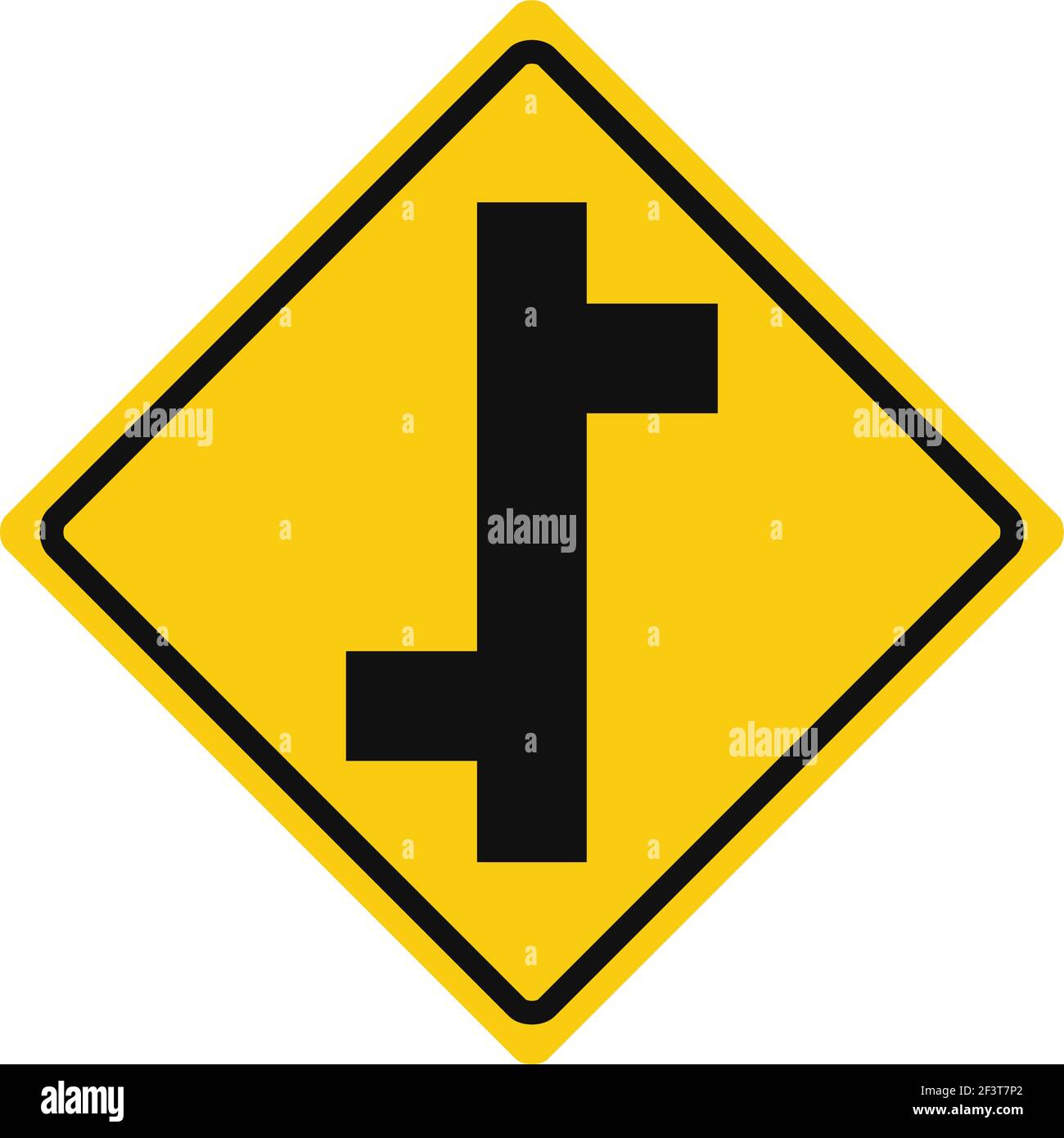 Rhomboid traffic signal in yellow and black, isolated on white background. Warning of side roads on left and right, consecutively Stock Vector