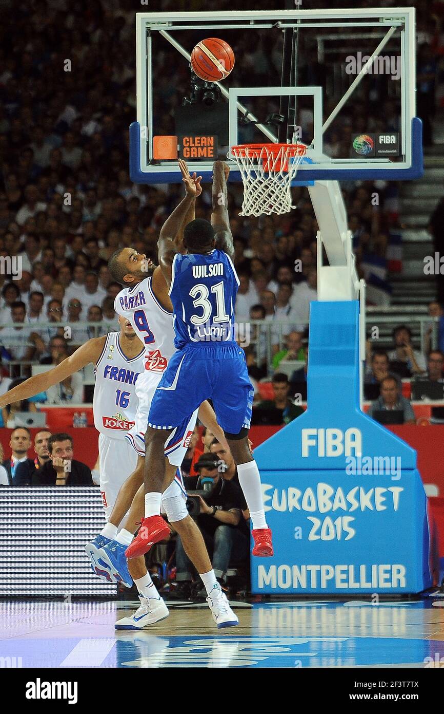 Tony PARKER of France and Jamar WILSON of Finland during the EuroBasket  2015 group A match between France and Finland at the Park and Suites Arena  in Montpellier, on September 5, 2015.