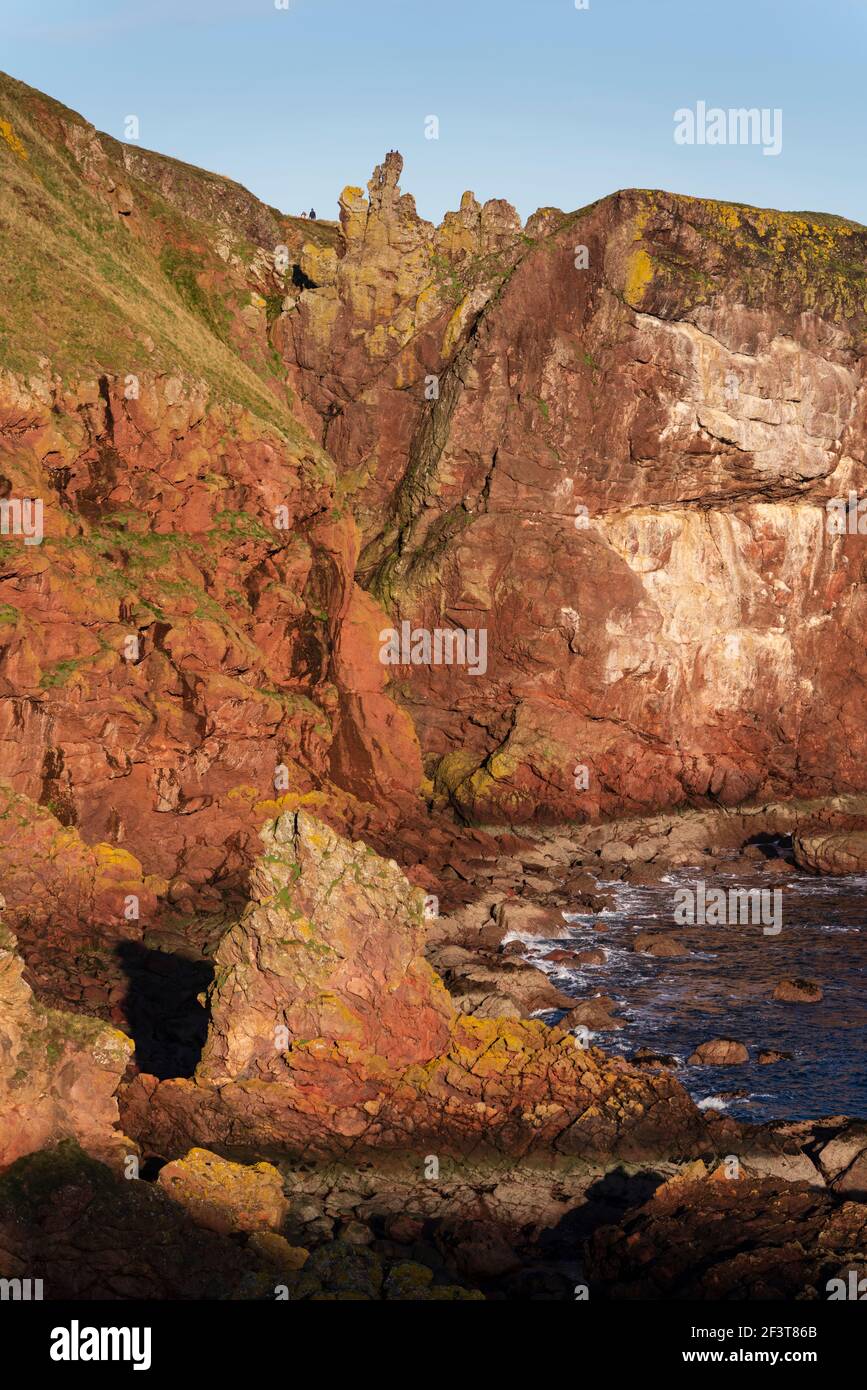 St Abbs, Berwickshire, Scotland - North Sea fishing village and nature reserve. Sandstone red rock cliffs. Stock Photo