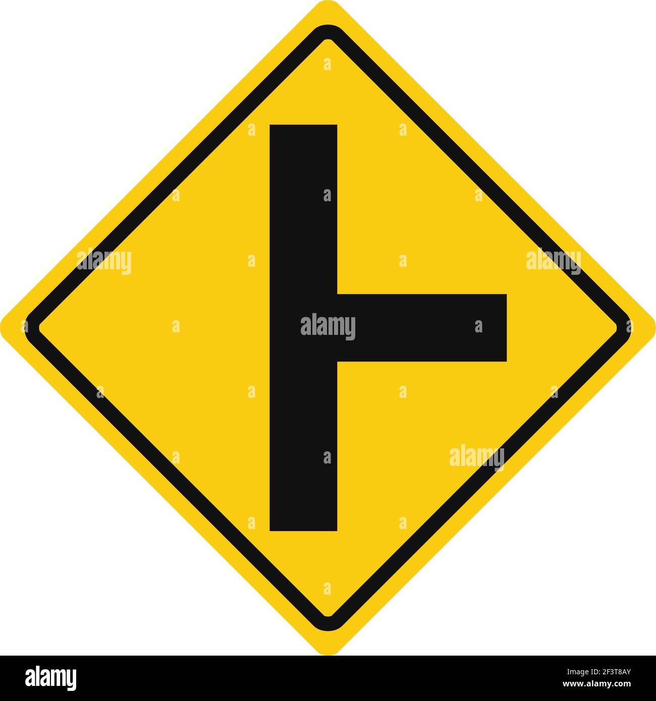 Rhomboid traffic signal in yellow and black, isolated on white background. Warning of side road on the right  at a perpendicular angle Stock Vector