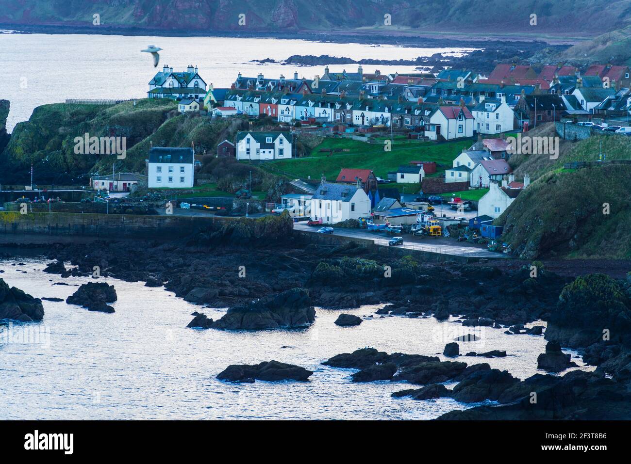 St Abbs, Berwickshire, Scotland - North Sea fishing village and nature reserve. View from clifftop walk. Stock Photo