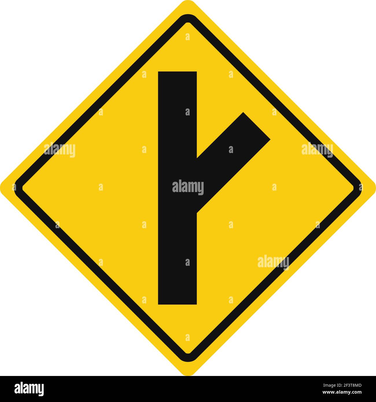 Rhomboid traffic signal in yellow and black, isolated on white background. Warning of side road on the right at a acute angle Stock Vector