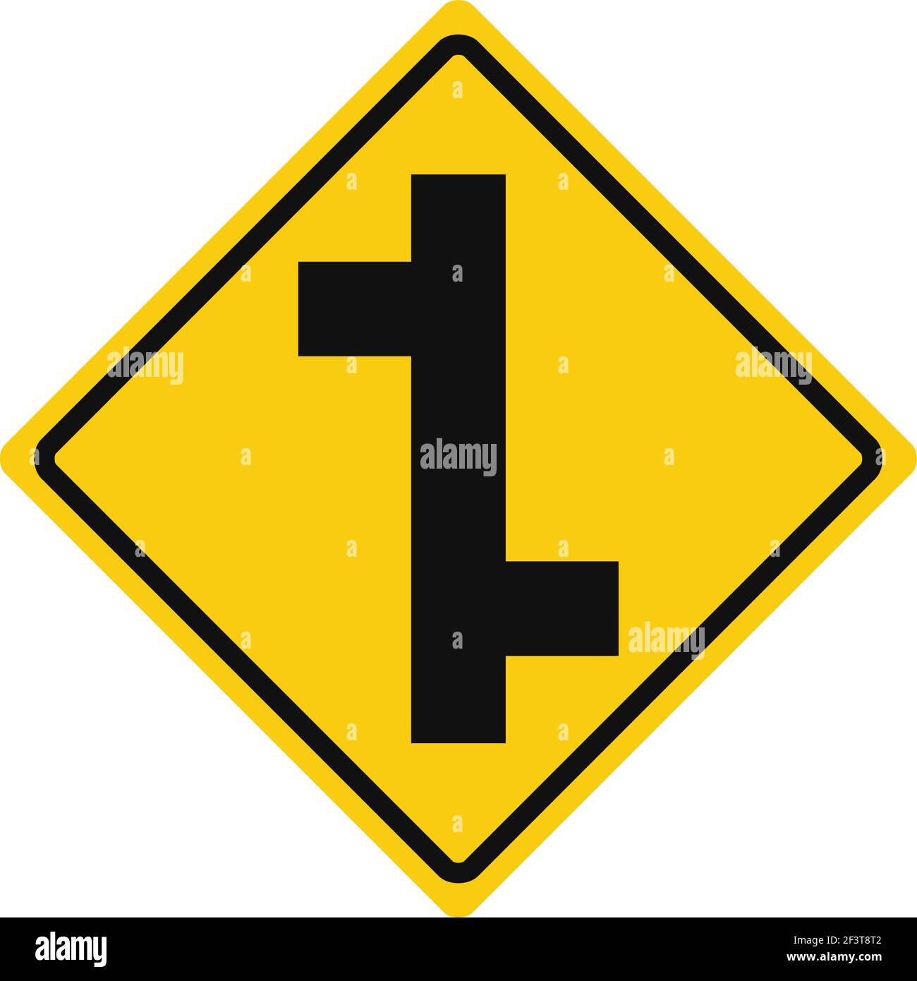 Rhomboid traffic signal in yellow and black, isolated on white background. Warning of side roads on right and left, consecutively Stock Vector