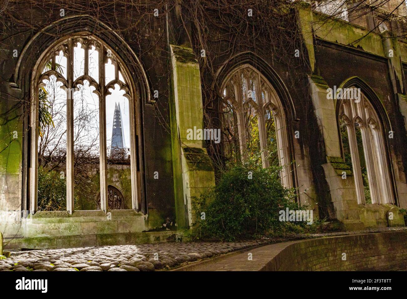 The Shard seen through the remains of a gothic arched window og St Dunstan in the East - Stock Image