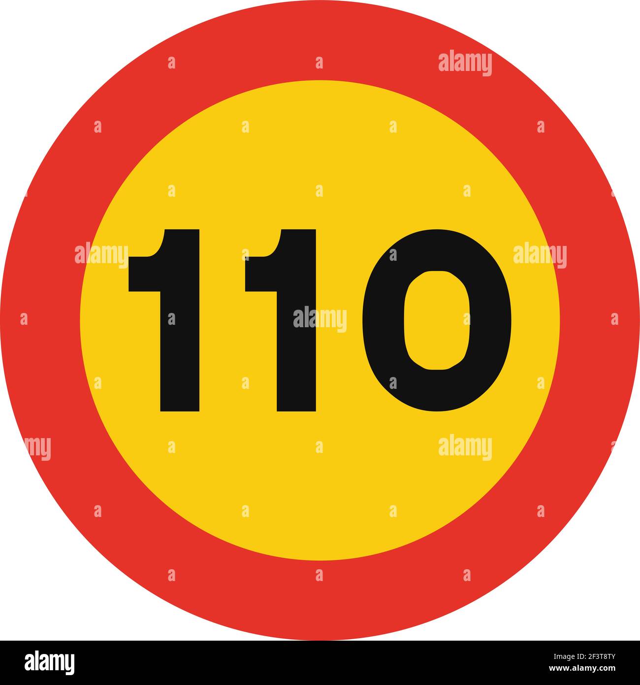 Rounded traffic signal in yellow and red, isolated on white background. Temporary speed limit of one hundred and ten Stock Vector