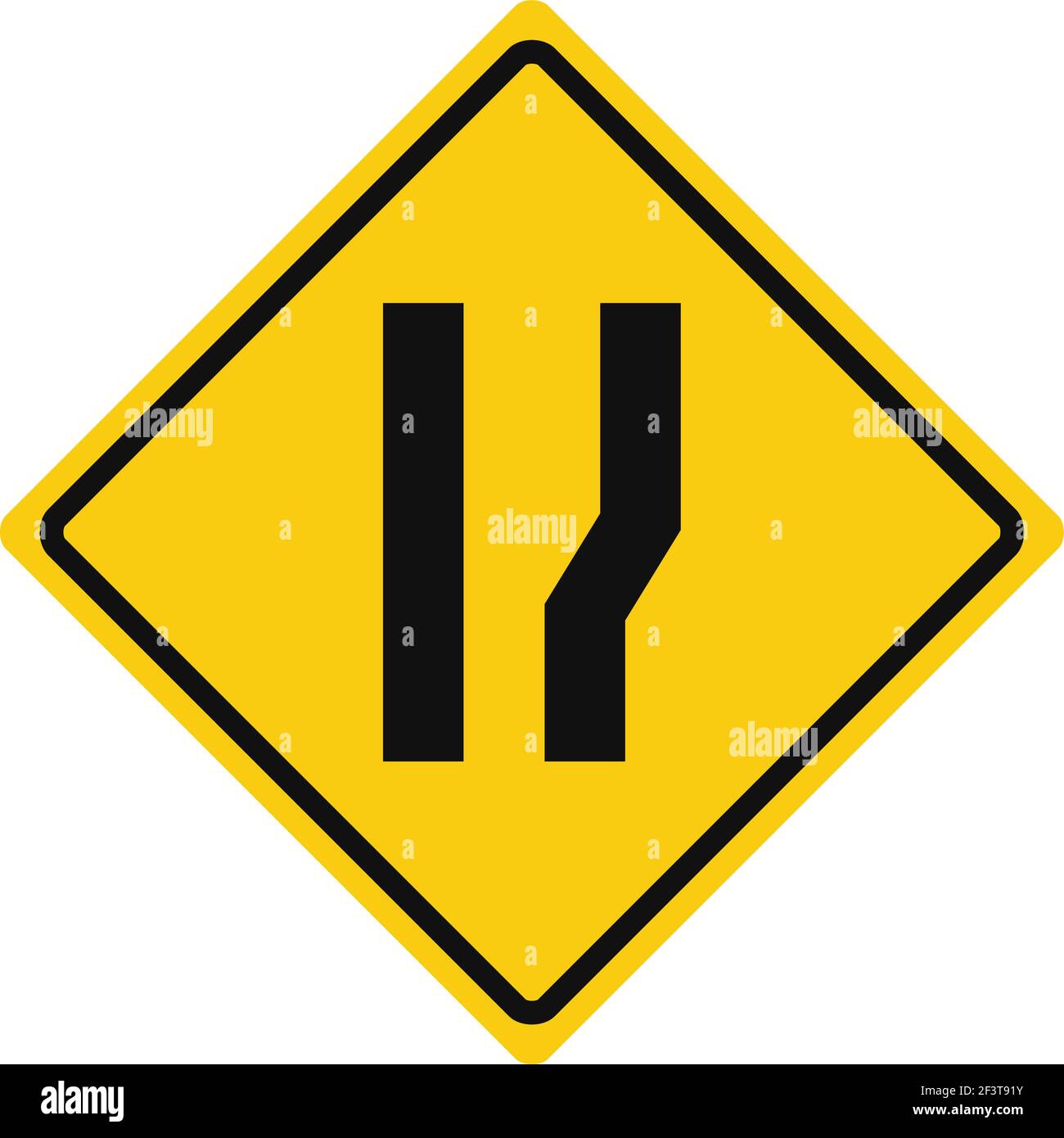 Rhomboid traffic signal in yellow and black, isolated on white background. Warning of wide road ahead on right side Stock Vector