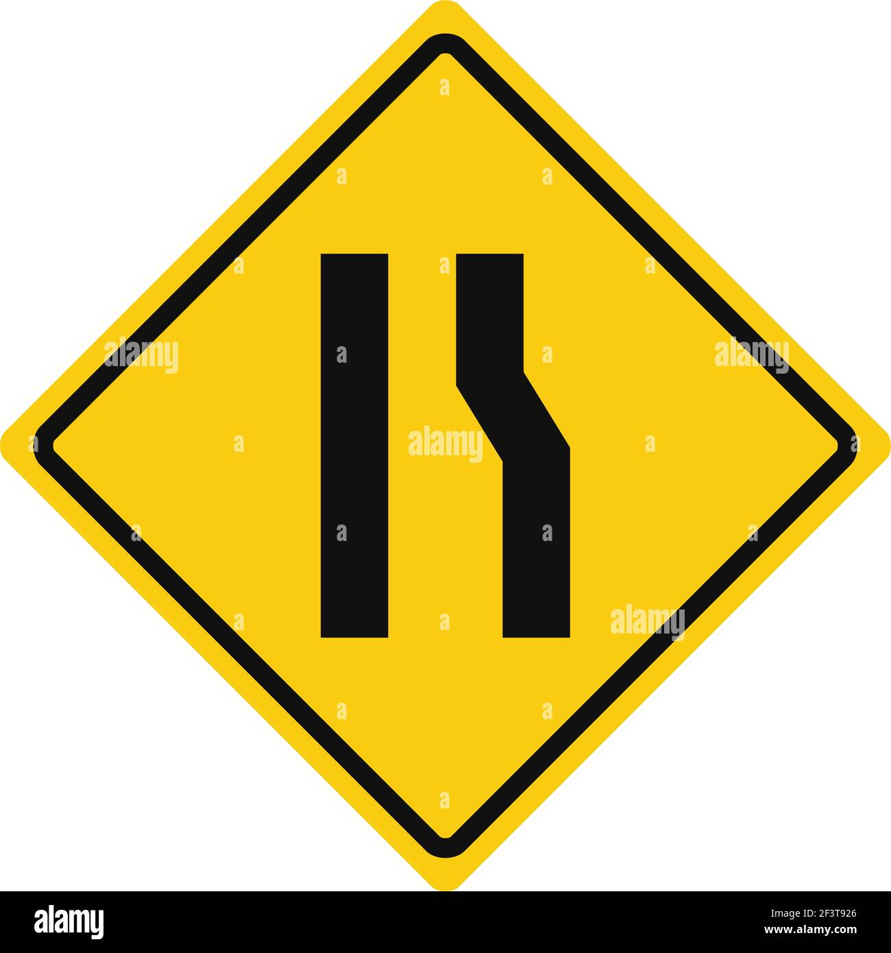 Rhomboid traffic signal in yellow and black, isolated on white background. Warning of narrow road ahead on right side Stock Vector