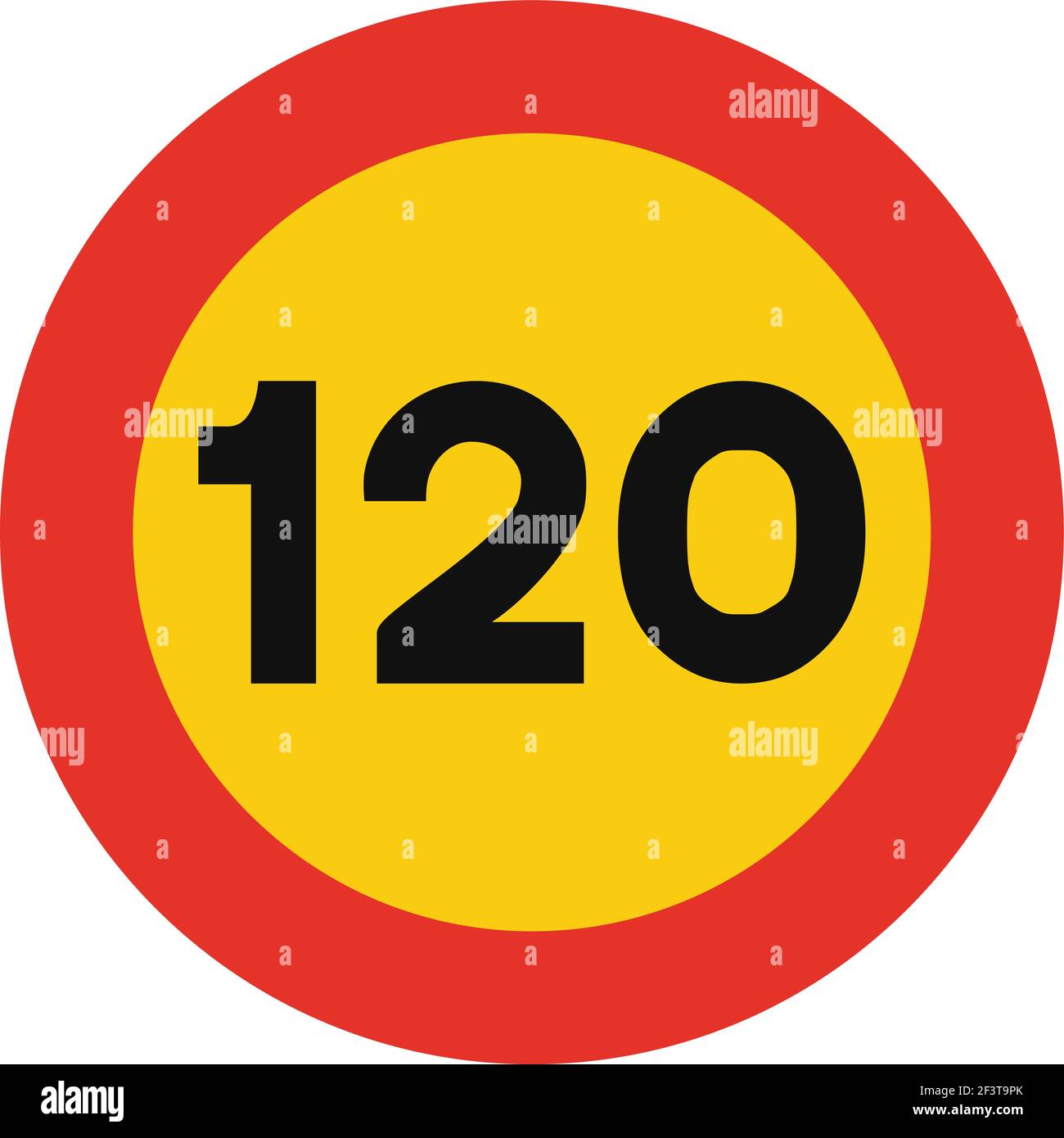 Rounded traffic signal in yellow and red, isolated on white background. Temporary speed limit of one hundred and twenty Stock Vector